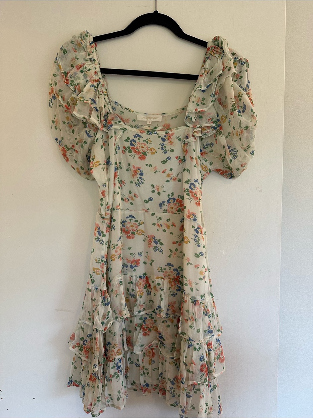 LoveShackFancy Cream Floral Mini Dress with Pink & Blue Flowers